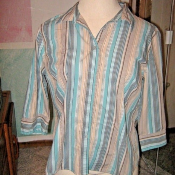 Style & Co. Tops - Aqua Blue Tan Stripe 3/4 Sleeve Button Shirt 18W